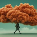 A woman walks with a cloud covering her head, representing the mental fog of overthinking.