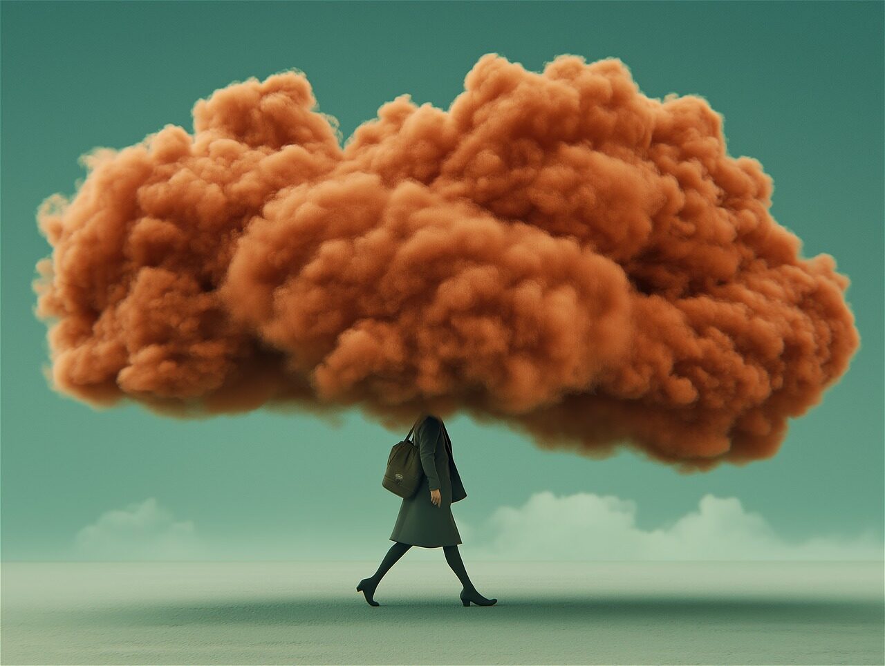 A woman walks with a cloud covering her head, representing the mental fog of overthinking.